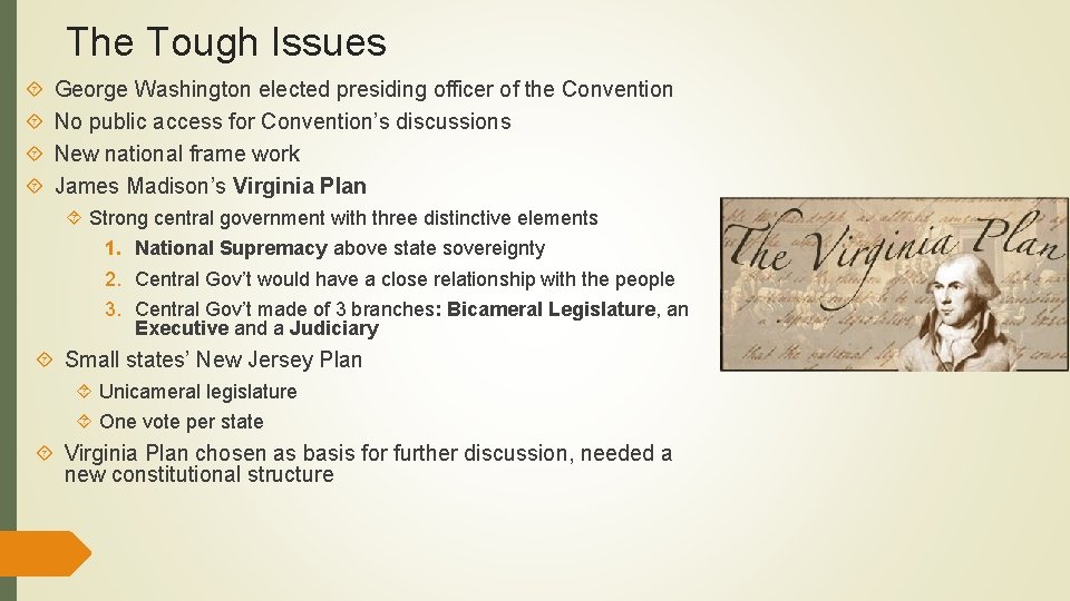 The Tough Issues George Washington elected presiding officer of the Convention No public access