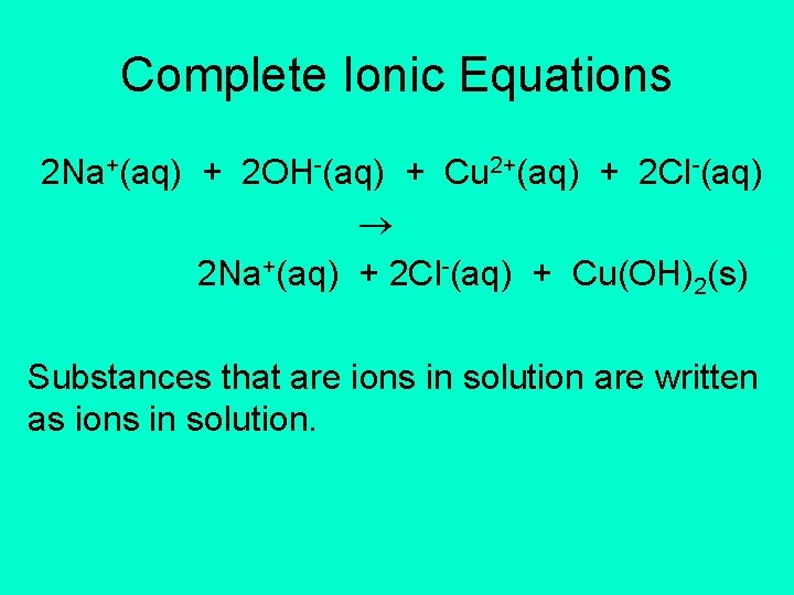 Complete Ionic Equations 2 Na+(aq) + 2 OH-(aq) + Cu 2+(aq) + 2 Cl-(aq)