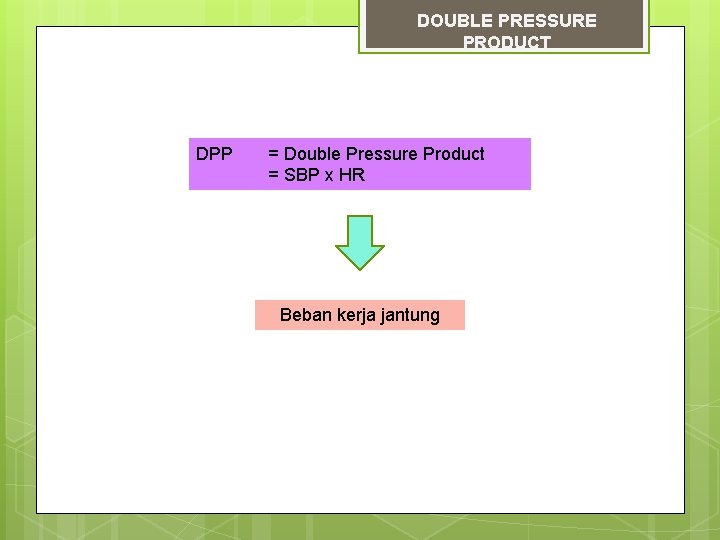 DOUBLE PRESSURE PRODUCT DPP = Double Pressure Product = SBP x HR Beban kerja