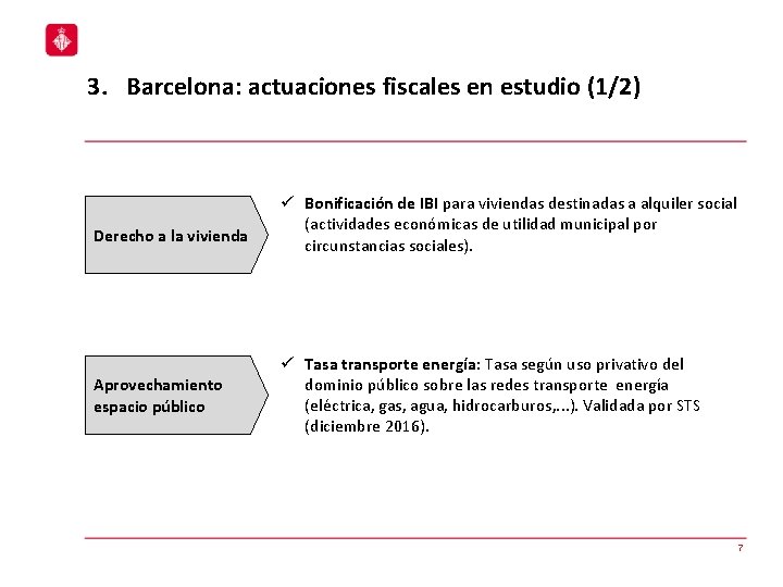 3. Barcelona: actuaciones fiscales en estudio (1/2) Derecho a la vivienda Aprovechamiento espacio público
