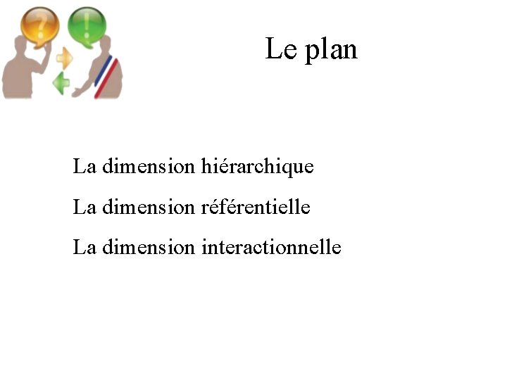 Le plan La dimension hiérarchique La dimension référentielle La dimension interactionnelle 