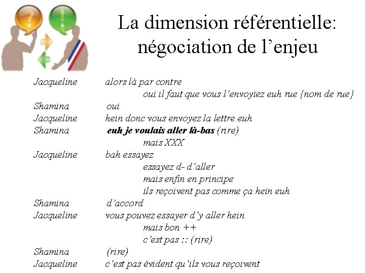 La dimension référentielle: négociation de l’enjeu Jacqueline Shamina Jacqueline alors là par contre oui