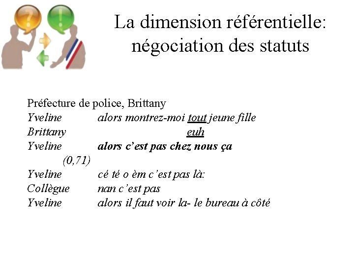 La dimension référentielle: négociation des statuts Préfecture de police, Brittany Yveline alors montrez-moi tout