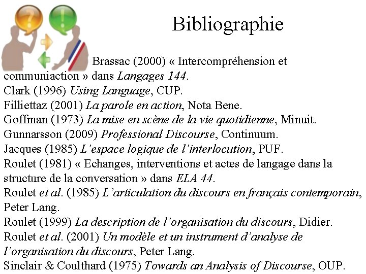 Bibliographie Brassac (2000) « Intercompréhension et communiaction » dans Langages 144. Clark (1996) Using