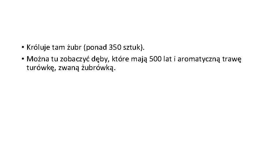  • Króluje tam żubr (ponad 350 sztuk). • Można tu zobaczyć dęby, które