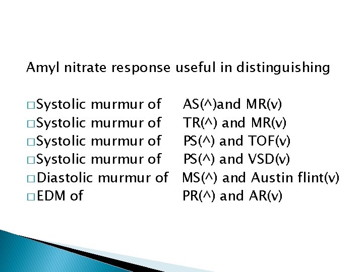 Amyl nitrate response useful in distinguishing � Systolic murmur of AS(^)and MR(v) � Systolic Amyl nitrate response useful in distinguishing � Systolic murmur of AS(^)and MR(v) � Systolic