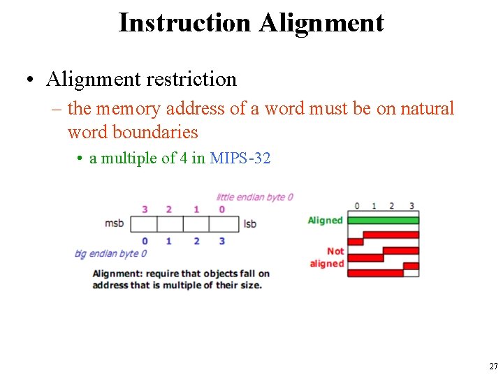 Instruction Alignment • Alignment restriction – the memory address of a word must be