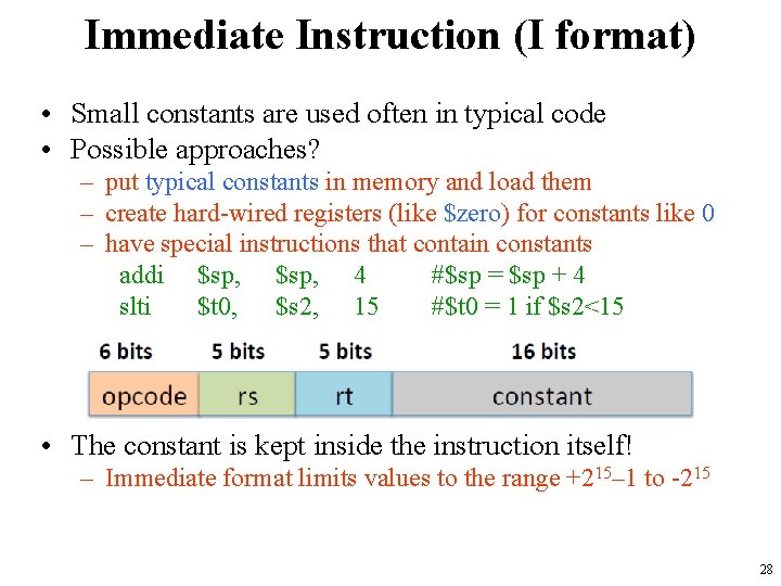 Immediate Instruction (I format) • Small constants are used often in typical code •