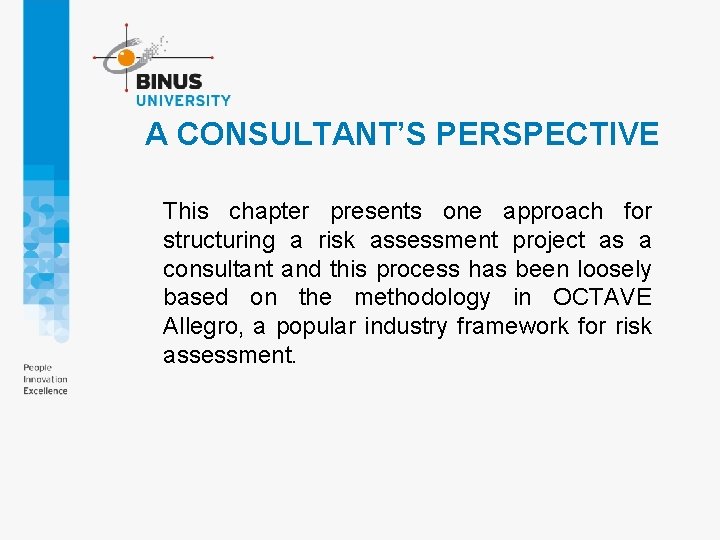 A CONSULTANT’S PERSPECTIVE This chapter presents one approach for structuring a risk assessment project A CONSULTANT’S PERSPECTIVE This chapter presents one approach for structuring a risk assessment project