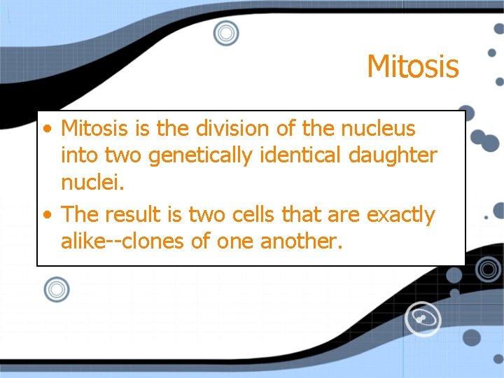 Mitosis • Mitosis is the division of the nucleus into two genetically identical daughter