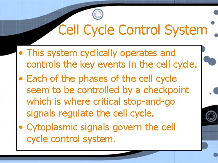 Cell Cycle Control System • This system cyclically operates and controls the key events