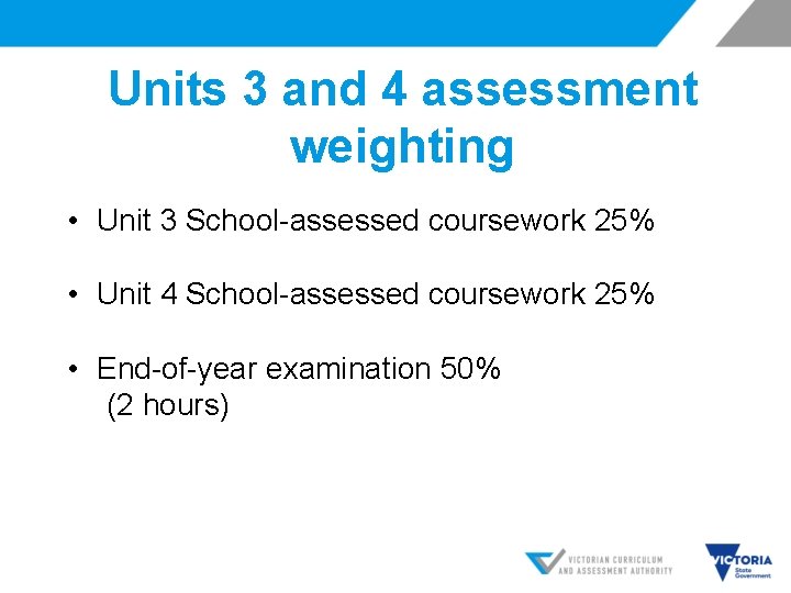 Units 3 and 4 assessment weighting • Unit 3 School-assessed coursework 25% • Unit