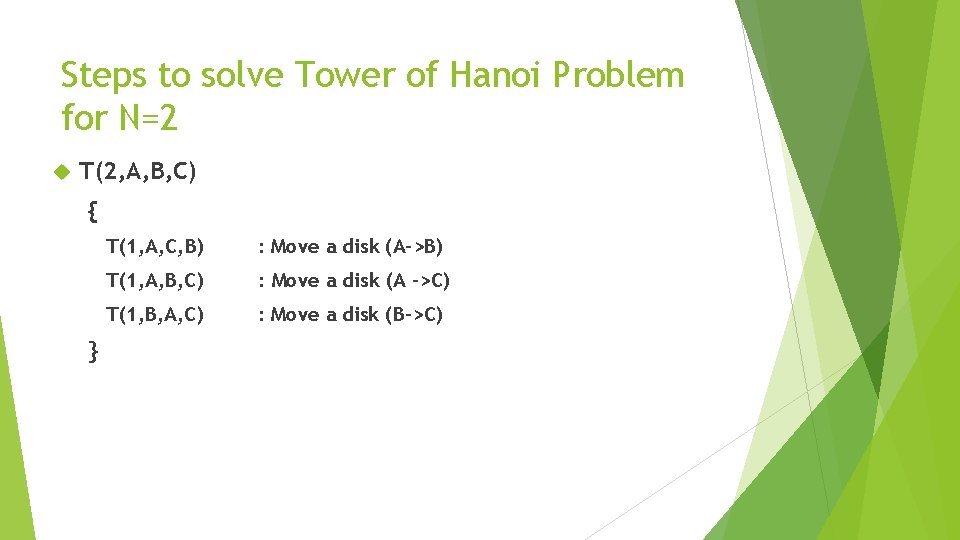 Steps to solve Tower of Hanoi Problem for N=2 T(2, A, B, C) {
