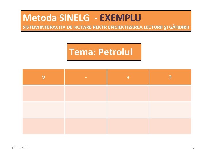 Metoda SINELG - EXEMPLU SISTEM INTERACTIV DE NOTARE PENTR EFICIENTIZAREA LECTURII ŞI G NDIRII