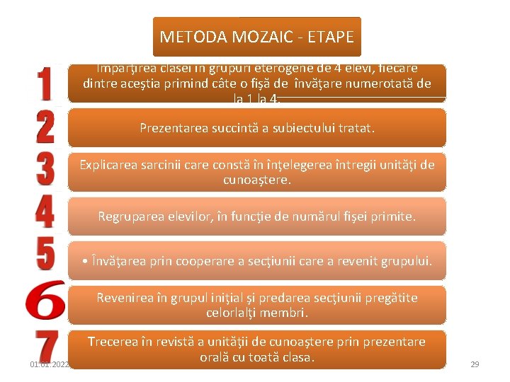 METODA MOZAIC - ETAPE Impărţirea clasei în grupuri eterogene de 4 elevi, fiecare dintre