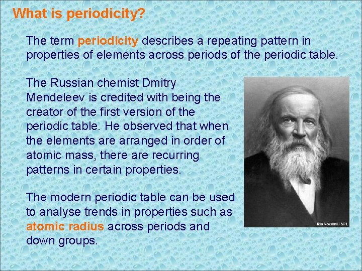 What is periodicity? The term periodicity describes a repeating pattern in properties of elements