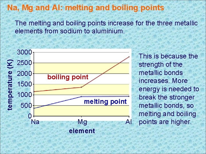 Na, Mg and Al: melting and boiling points The melting and boiling points increase