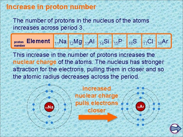 Increase in proton number The number of protons in the nucleus of the atoms