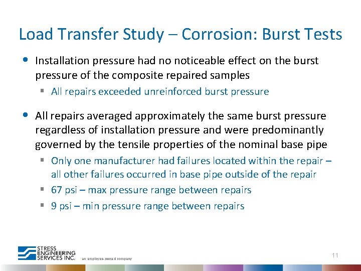 Load Transfer Study – Corrosion: Burst Tests • Installation pressure had no noticeable effect