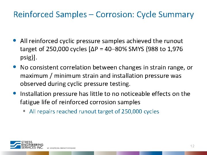 Reinforced Samples – Corrosion: Cycle Summary • • • All reinforced cyclic pressure samples