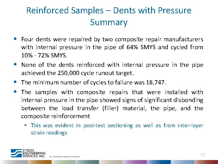 Reinforced Samples – Dents with Pressure Summary • • Four dents were repaired by