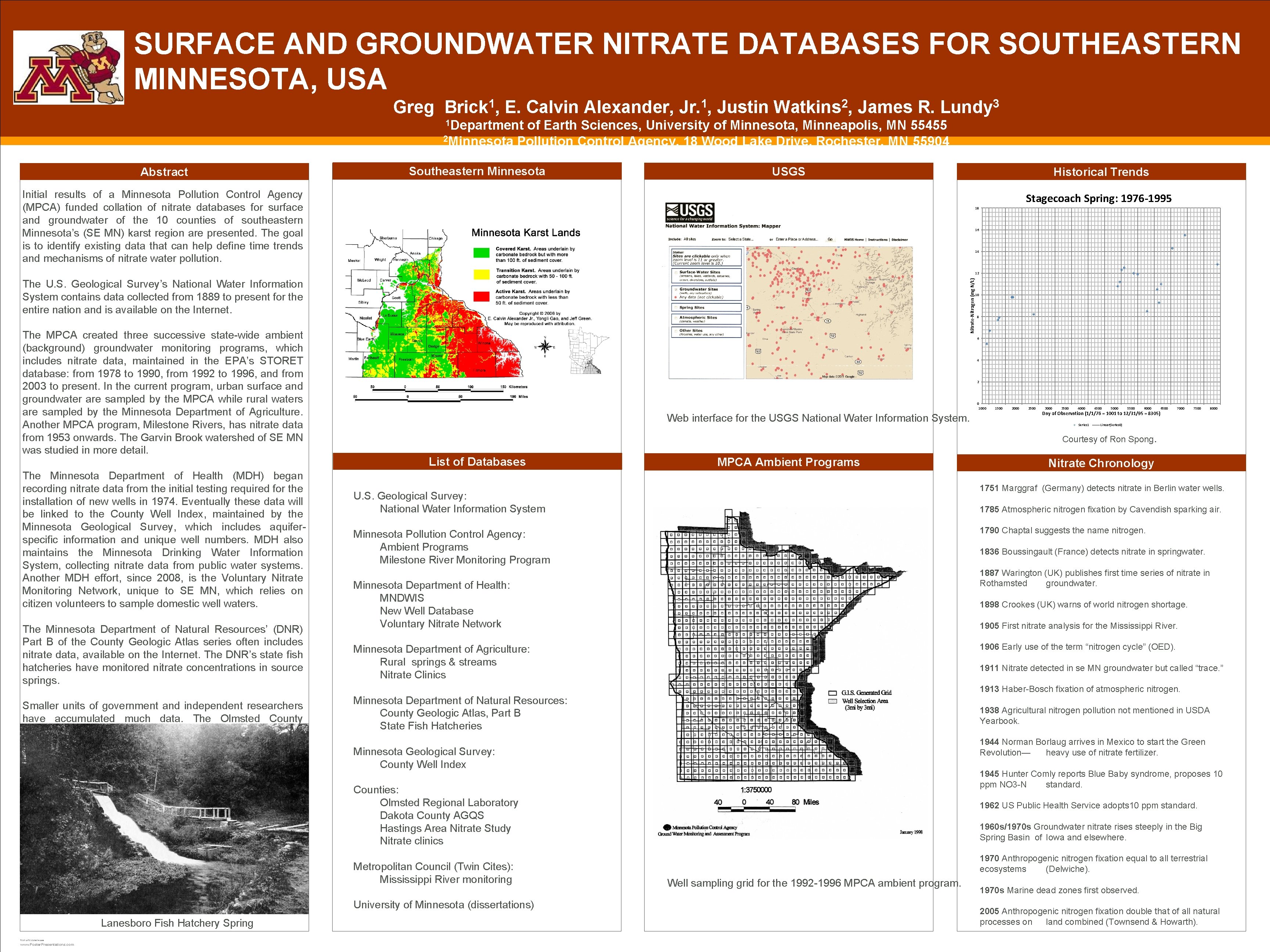 SURFACE AND GROUNDWATER NITRATE DATABASES FOR SOUTHEASTERN MINNESOTA, USA Greg Brick 1, E. Calvin