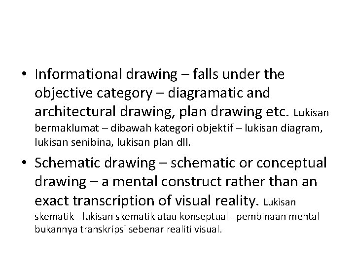  • Informational drawing – falls under the objective category – diagramatic and architectural