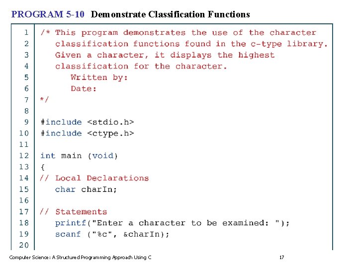 PROGRAM 5 -10 Demonstrate Classification Functions Computer Science: A Structured Programming Approach Using C