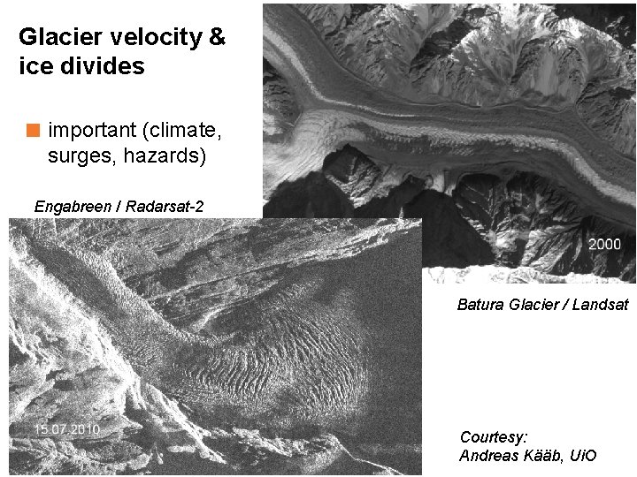 Glacier velocity & ice divides ■ important (climate, surges, hazards) Engabreen / Radarsat-2 Batura