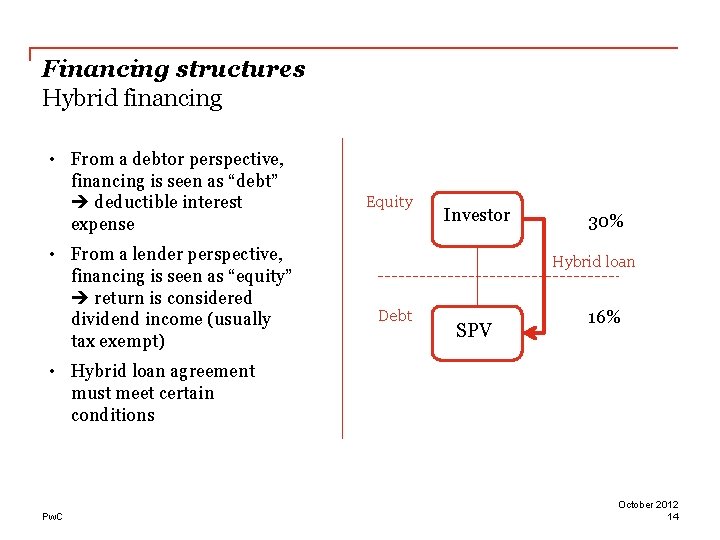 Financing structures Hybrid financing • From a debtor perspective, financing is seen as “debt”