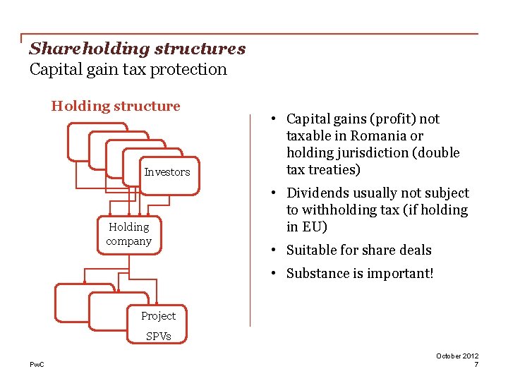 Shareholding structures Capital gain tax protection Holding structure Investors Holding company • Capital gains