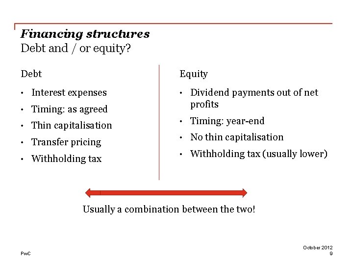 Financing structures Debt and / or equity? Debt Equity • Interest expenses • Dividend