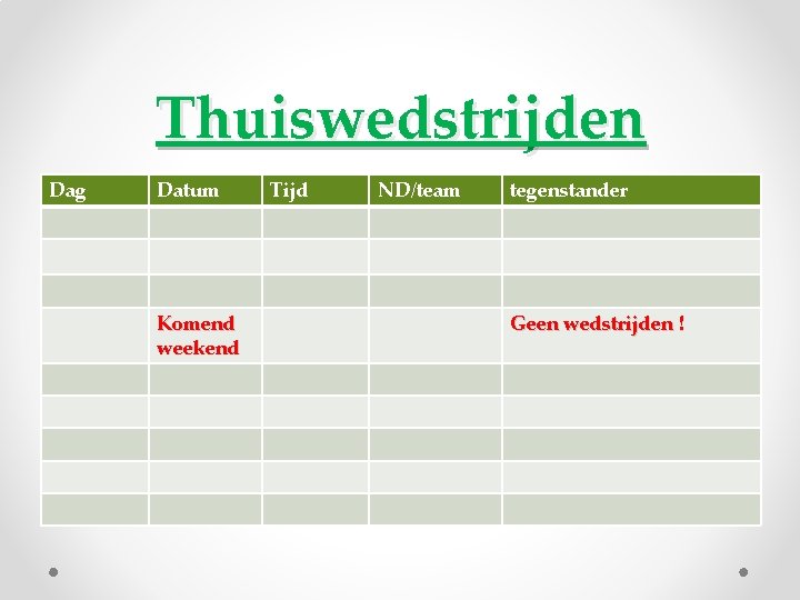 Thuiswedstrijden Dag Datum Komend weekend Tijd ND/team tegenstander Geen wedstrijden ! 