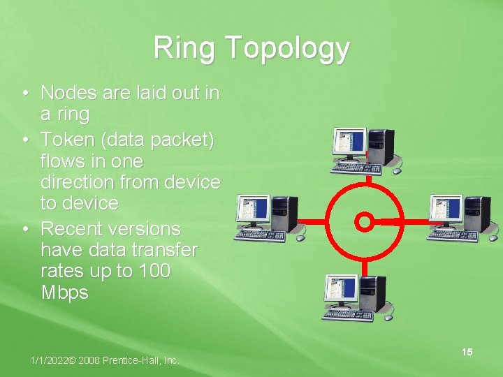 Ring Topology • Nodes are laid out in a ring • Token (data packet)