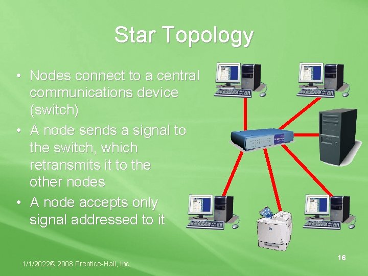 Star Topology • Nodes connect to a central communications device (switch) • A node