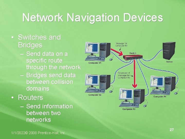 Network Navigation Devices • Switches and Bridges – Send data on a specific route