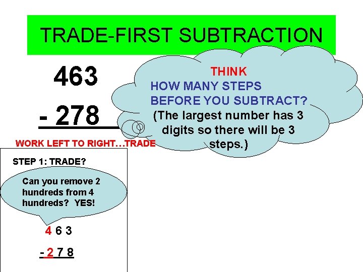 TRADE-FIRST SUBTRACTION 463 - 278 THINK HOW MANY STEPS BEFORE YOU SUBTRACT? (The largest