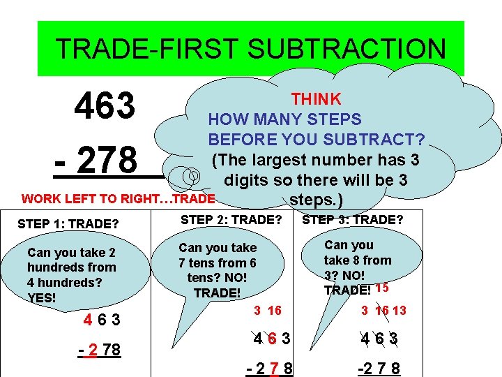 TRADE-FIRST SUBTRACTION 463 - 278 THINK HOW MANY STEPS BEFORE YOU SUBTRACT? (The largest