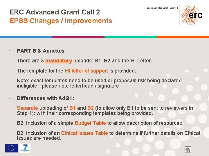 ERC Advanced Grant Call 2 EPSS Changes / Improvements • European Research Council PART