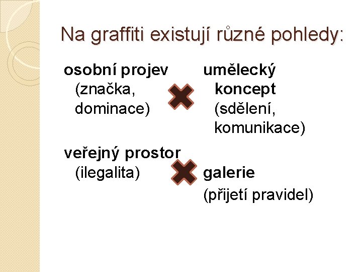 Na graffiti existují různé pohledy: osobní projev (značka, dominace) veřejný prostor (ilegalita) umělecký koncept