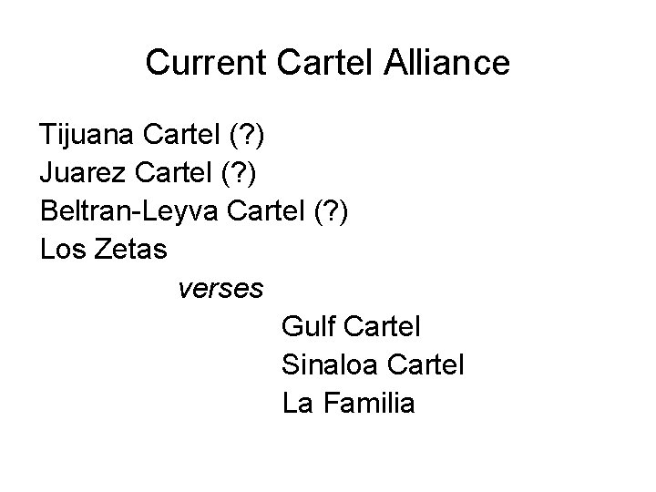Current Cartel Alliance Tijuana Cartel (? ) Juarez Cartel (? ) Beltran-Leyva Cartel (?