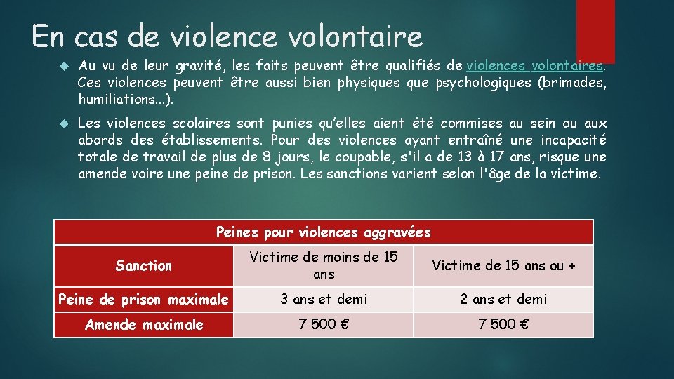 En cas de violence volontaire Au vu de leur gravité, les faits peuvent être