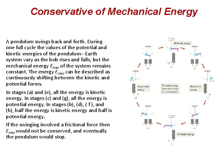 Conservative of Mechanical Energy A pendulum swings back and forth. During one full cycle