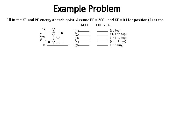 Example Problem Fill in the KE and PE energy at each point. Assume PE