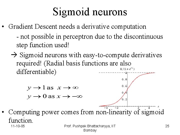 Sigmoid neurons • Gradient Descent needs a derivative computation - not possible in perceptron