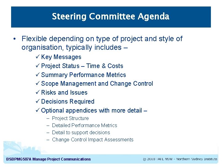 Steering Committee Agenda • Flexible depending on type of project and style of organisation,