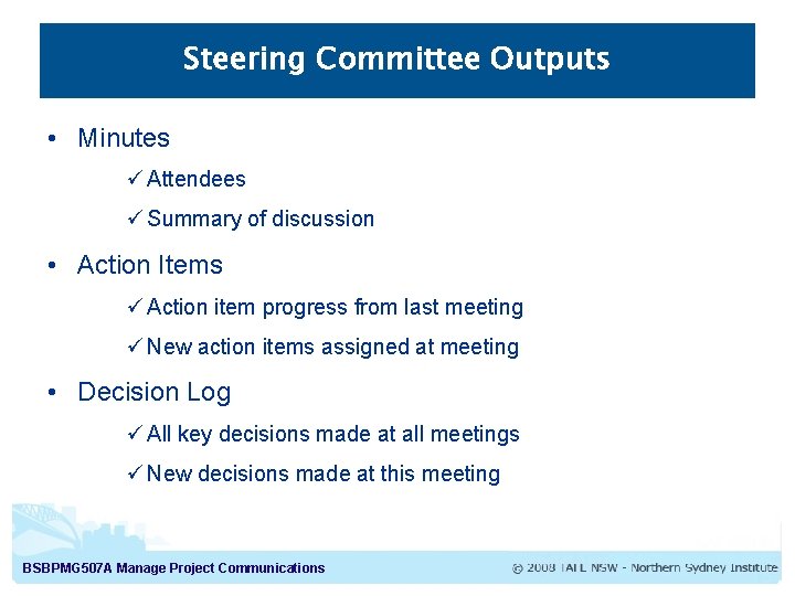 Steering Committee Outputs • Minutes ü Attendees ü Summary of discussion • Action Items