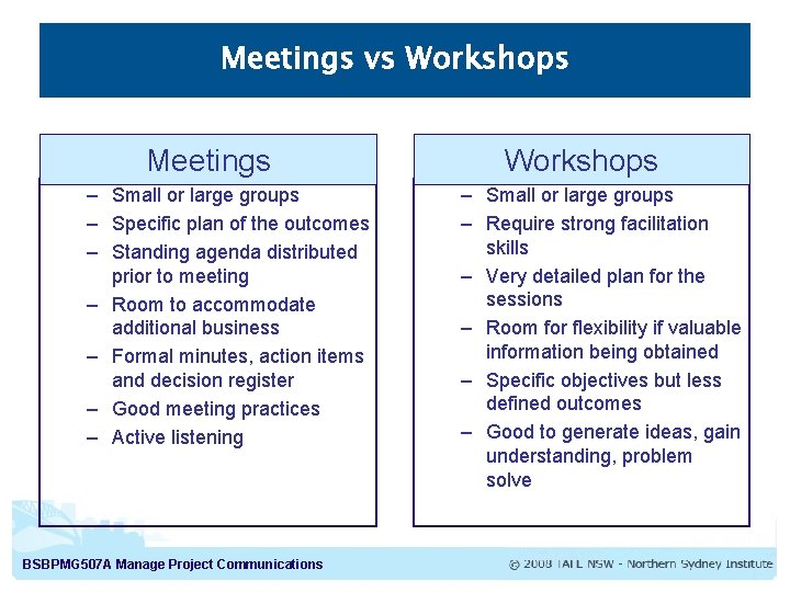 Meetings vs Workshops Meetings – Small or large groups – Specific plan of the