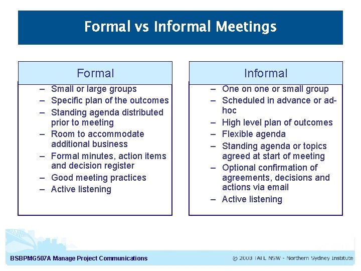 Formal vs Informal Meetings Formal – Small or large groups – Specific plan of