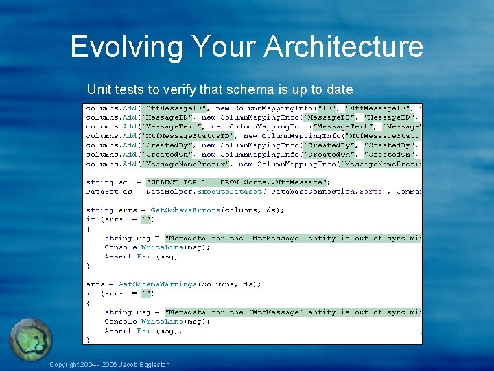 Evolving Your Architecture Unit tests to verify that schema is up to date Copyright Evolving Your Architecture Unit tests to verify that schema is up to date Copyright